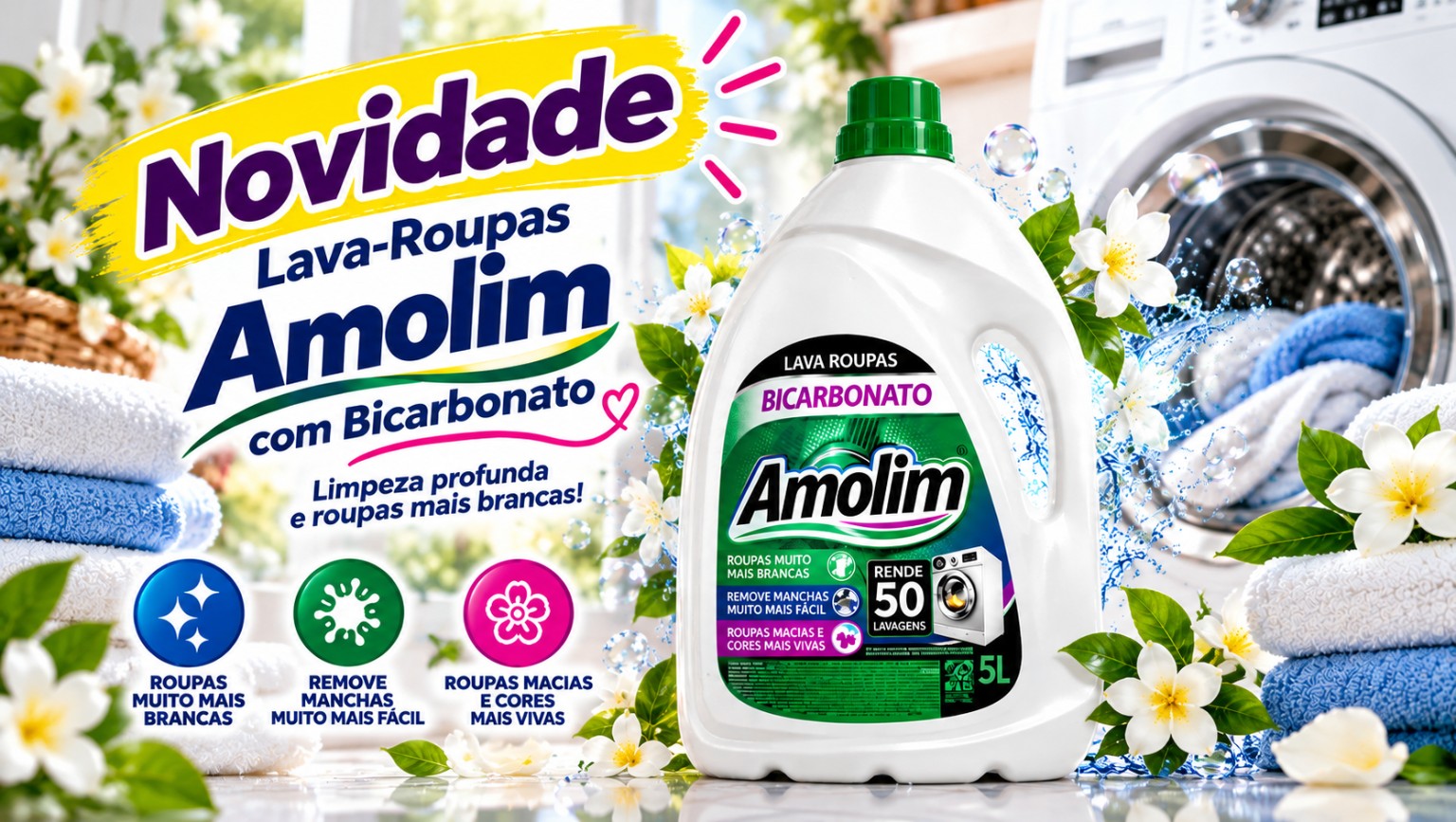Novidade: lava-roupas Amolim com bicarbonato, 5 litros.